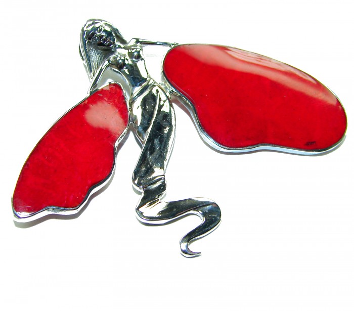 Red Fossilized Coral .925 Sterling Silver pendant brooch - photo 3
