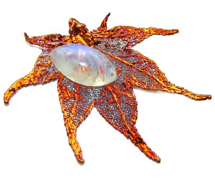 LARGE Stylish REAL Leaf Coved with Sterling Silver and 14K Gold Moonstone & .925 Sterling Silver Pendant - photo 3