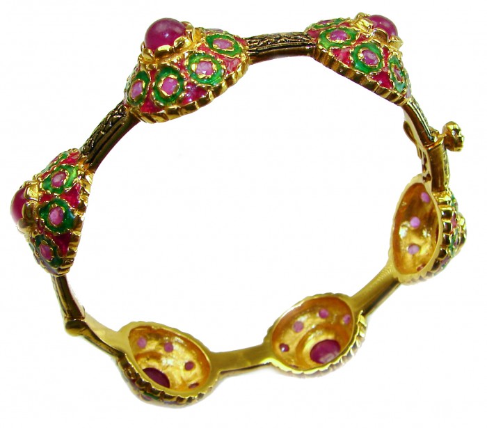Victoria Authentic 20.5 carat natural Ruby .925 Sterling Silver brilliantly dipped in real 18K Gold handcrafted Statement Bracelet - Top view of Victoria 20.5 ct Ruby .925 Sterling Silver bracelet.