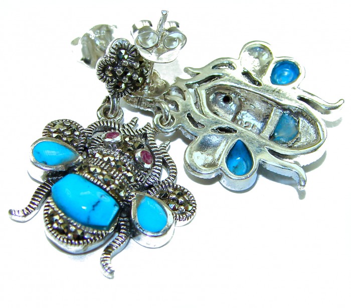 Blue Bees inlay Turquoise Ruby Marcasite .925 Sterling Silver Handcrafted earrings - Bee earrings inlay close-up, turquoise and ruby on sterling silver.
