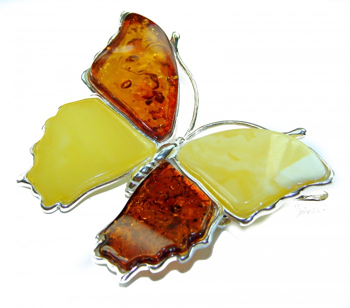 Golden Butterfly BUTTERSCOTCH Baltic Polish Amber .925 Sterling Silver handcrafted Pendant / Brooch - Butterfly brooch with amber wings, top view, silver trim detail