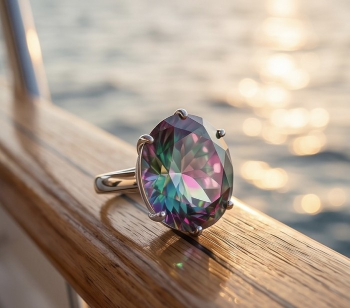 7.8 carat Brazilian Tourmaline .925 Sterling Silver Perfectly handcrafted Ring s. 6 - Close-up of Brazilian Tourmaline ring on wooden railing at sunset.