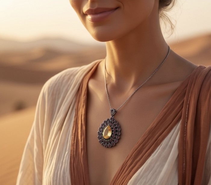 Valentina - Vintage Design Genuine 28.5 carat Citrine .925 Sterling Silver dipped in black rhodium handmade Pendant Brooch - Woman wearing Valentina 28.5 ct Citrine necklace in desert setting.