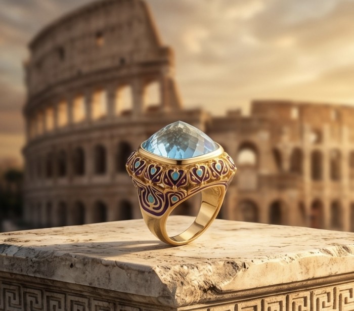 Dream Natural fancy Rose cut 22.8 carat Swiss Blue Topaz Enamel .925 Sterling Silver dipped in 22K Gold handmade Large Statement Ring size 6 3/4 - Close-up of Swiss Blue Topaz ring on marble with Colosseum background.
