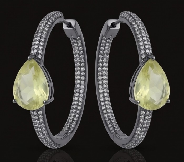 Allure Natural 19.2 carat Brazilian Citrine pave 4.2 carat White Topaz Black rhodium .925 Sterling Silver handcrafted hoop earrings - Side view of Allure Brazilian Citrine and pave earrings.