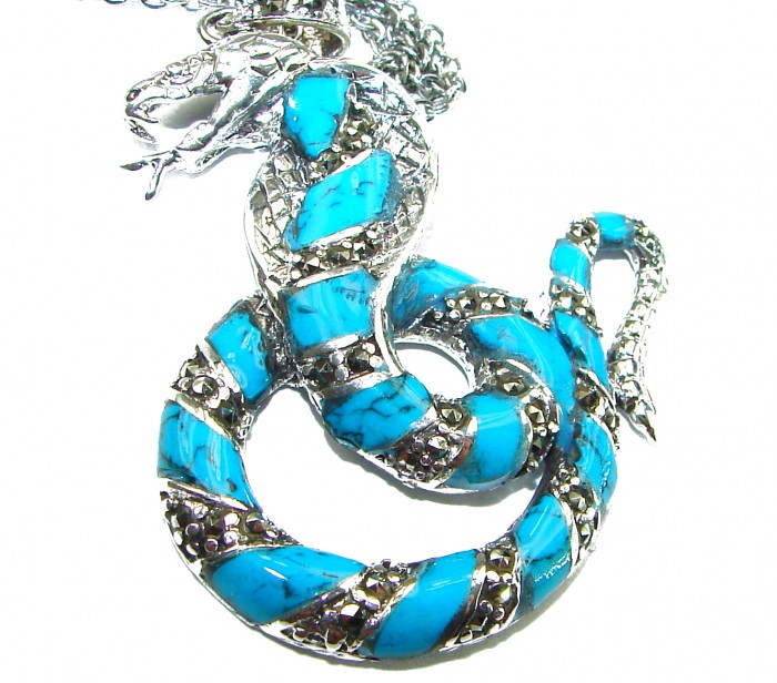 Boa snake Genuine inlay Turquoise Marcasite .925 Sterling Silver handmade handcrafted Necklace - photo 1