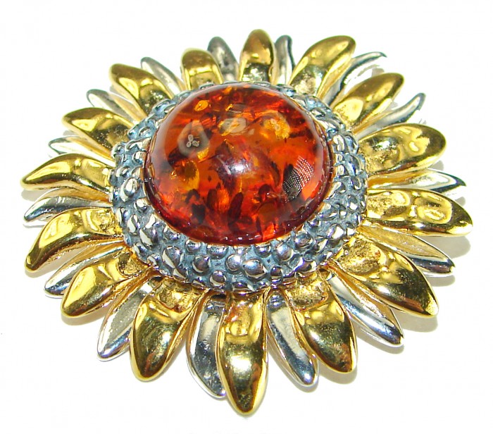 Golden Flower Natural Baltic Amber 14K Gold over .925 Sterling Silver handmade Pendant - photo 1