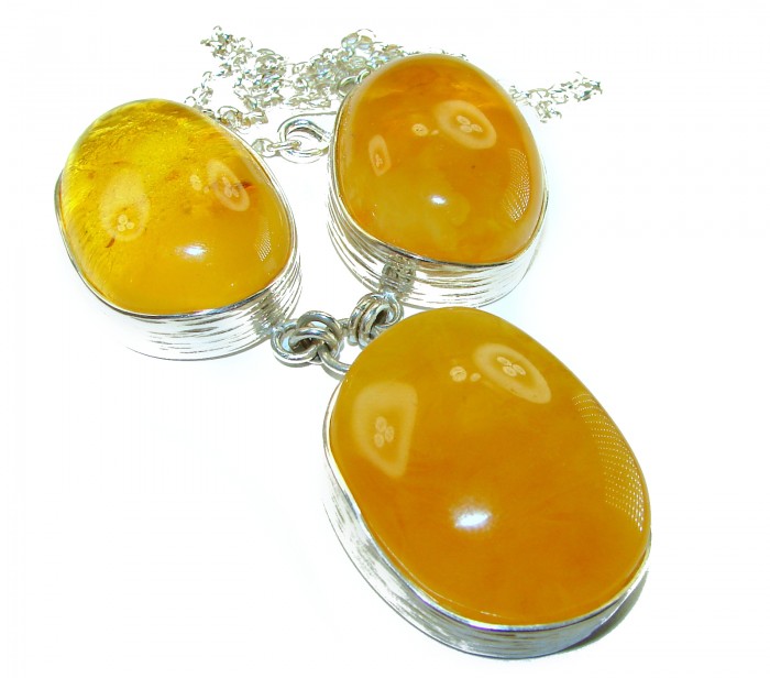 Dazzling 128.2 carat natural Baltic Amber .925 Sterling Silver handcrafted necklace - Close-up of natural Baltic Amber stones set in .925 sterling silver.