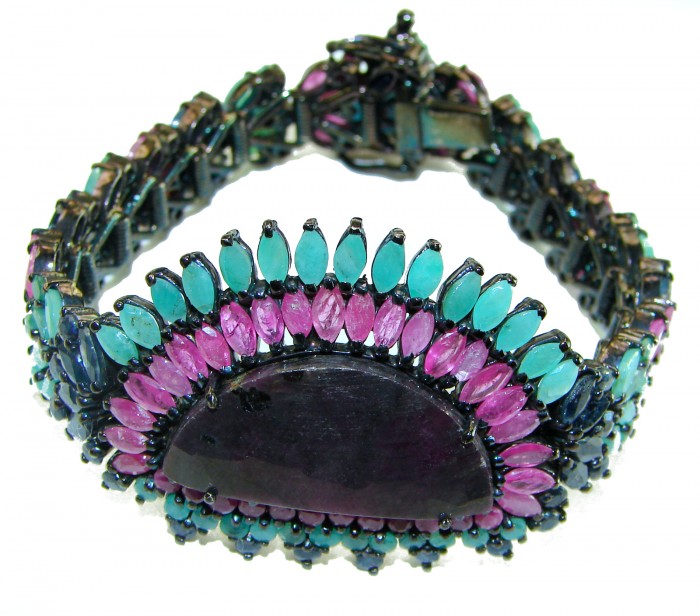 Gabriella 82.2 carat authentic Ruby black rhodium over .925 Sterling Silver handcrafted Statement Bracelet - Close-up of Gabriella Ruby bracelet with pink and teal gemstones