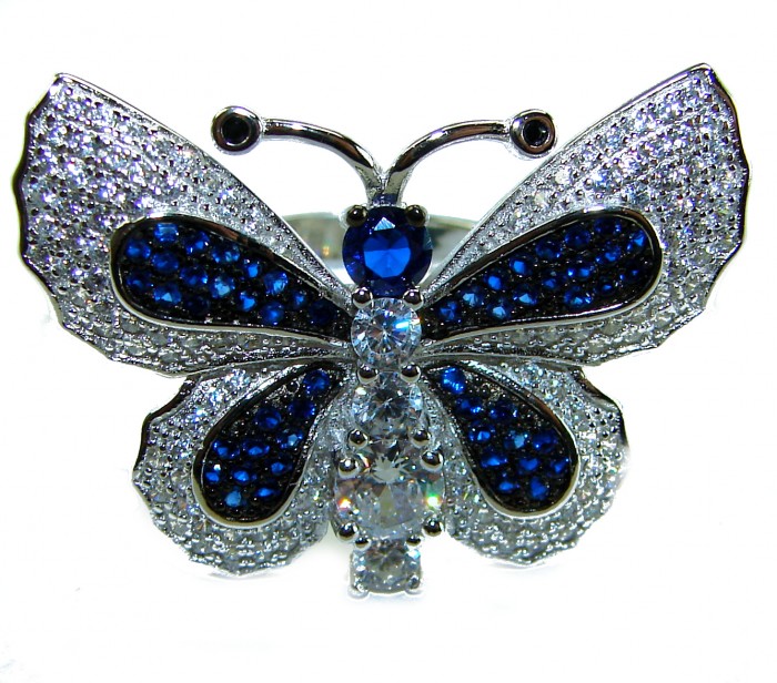 Precious Butterfly Genuine 10.5 carat Sapphire .925 Sterling Silver handmade Statement Ring size 7 1/2 - Front view of butterfly ring with blue sapphires and clear stones