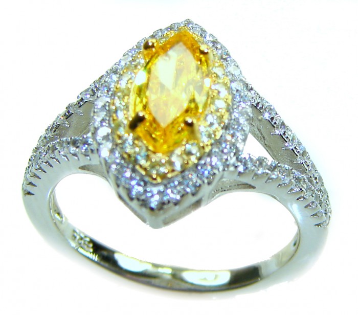 Marquise cut 4.2 carat yellow Sapphire .925 Sterling Silver brilliantly handcrafted ring s. 7 - Side view of marquise cut yellow sapphire ring in sterling silver.