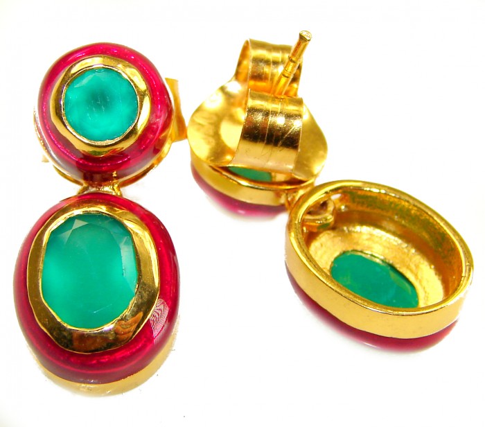 Countless Blessings Genuine 6.5 carat Authentic Emerald enamel 18K Gold over .925 Sterling Silver handcrafted earrings - Close-up of Countless Blessings earrings with emerald and gold detail