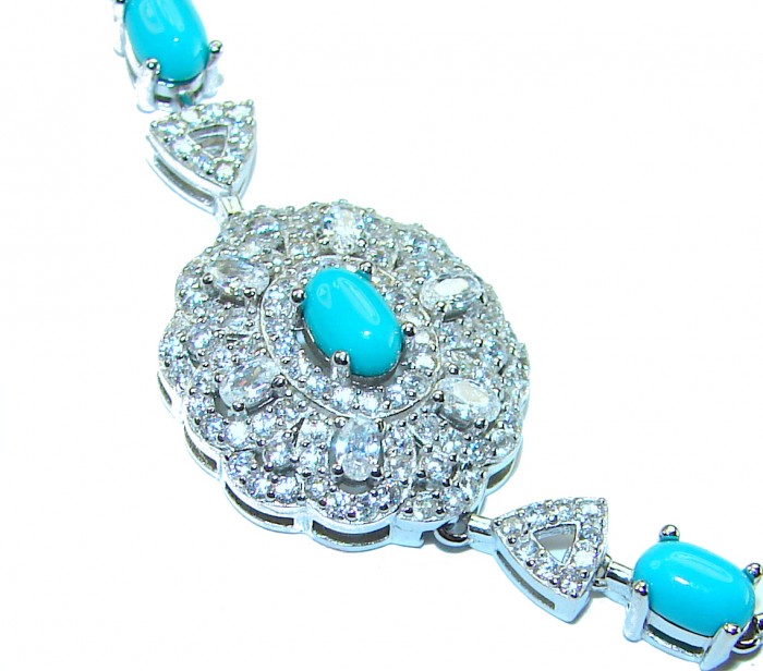 Art Deco - Pacifica - 18.4 carat Sleeping Beauty Turquoise Pink Tourmaline .925 Sterling Silver handmade Statement Bracelet - Close-up of Art Deco turquoise and diamond jewelry piece.