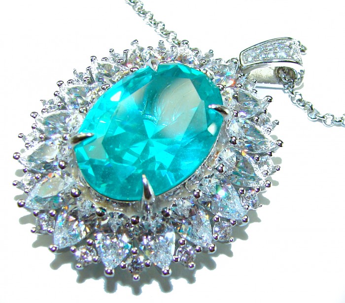 Wonderland 18.5 carat fancy oval cut Paraiba Tourmaline .925 Sterling Silver Handcrafted Statement necklace - Close-up of Wonderland 18.5 carat oval Paraiba Tourmaline pendant