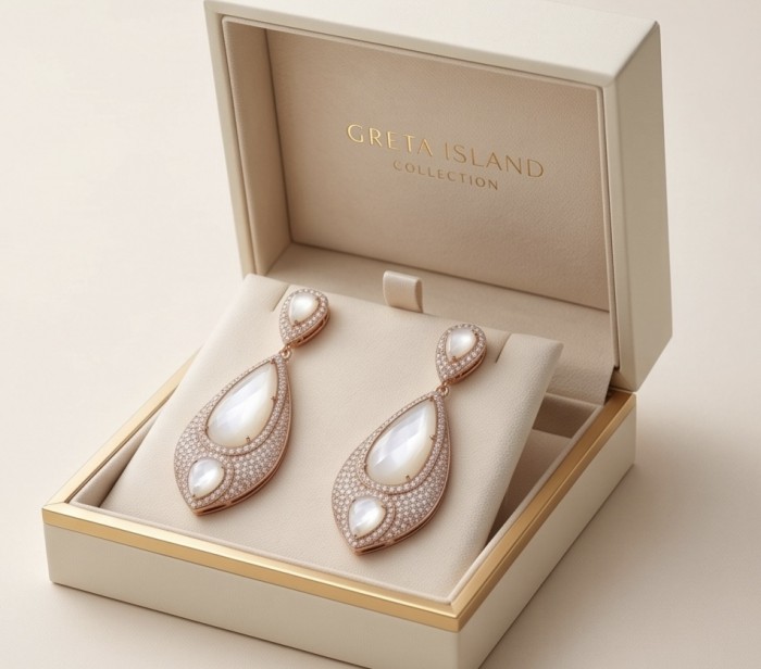 Genuine faceted Blister Pearl 18K Rose Gold over .925 Sterling Silver handcrafted Large Statement Earrings - Elegant teardrop earrings in a gift box, top view.