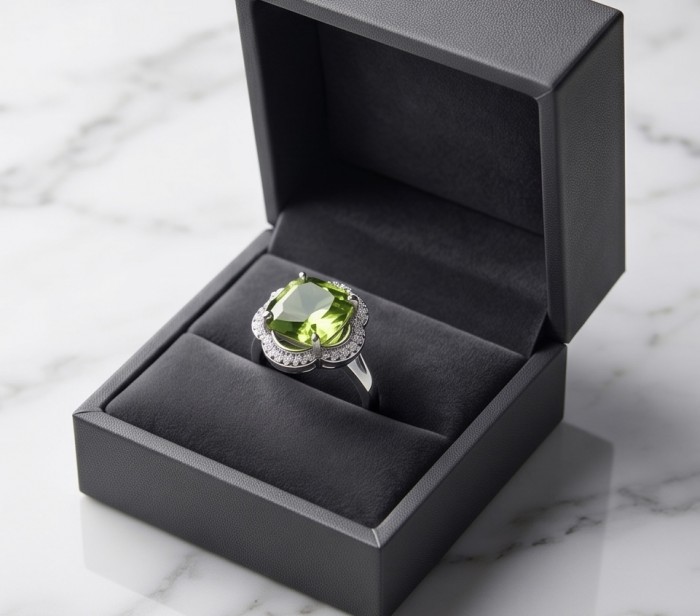 Royalty 9.9 carat authentic Himalayan Peridot .925 Sterling Silver Handcrafted Statement Ring size 7 - Peridot ring in box, top view, 9.9 carat Himalayan, sterling silver.