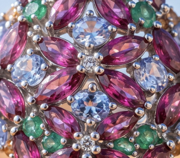 Blooming Garden Authentic 25.5 carat Multigem .925 Sterling Silver brilliantly handcrafted Ring size 8 - Close-up of Blooming Garden multigem sterling jewelry detailing.