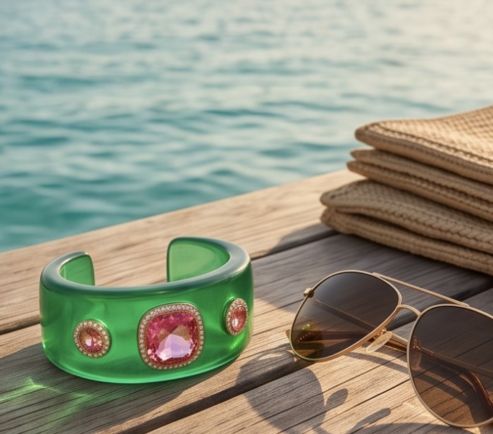 Candy Store - Modern Design Natural Green Raisin Pink Topaz .925 Sterling Silver bracelet - Green resin cuff with pink stones on dock, sunglasses beside it