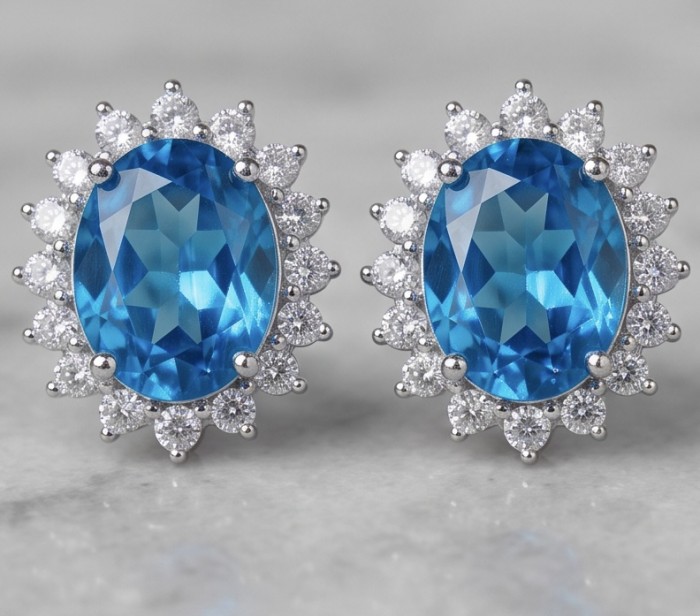 Atlantica 8.7 carat Swiss Blue Topaz .925 Sterling Silver Handcrafted earrings - Front view of Atlantica Swiss Blue Topaz earrings with diamond halo.