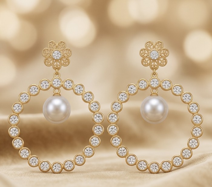 Large - Sublime natural Pearl White Tuopaz 18K Rose Gold over .925 Sterling Silver handcrafted Earrings - Elegant earrings with pearls and diamonds on a soft background.
