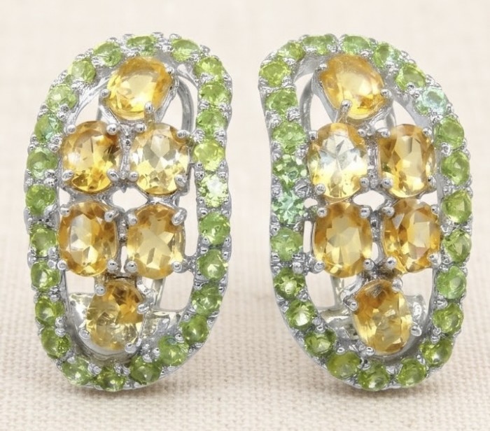 Giovanna - Authentic 12.9 carat Brazilian Citrine .925 Sterling Silver dipped in rhodium handcrafted earrings - Close-up of Giovanna Brazilian Citrine and Peridot Earrings, front view.
