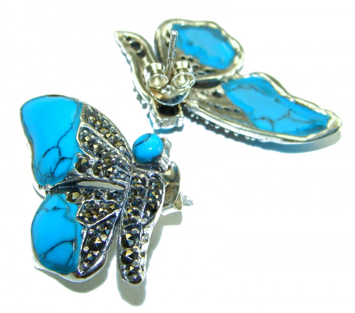 Blue Butterfly Precious natural Turquoise .925 Sterling Silver handcrafted Earrings - photo 1