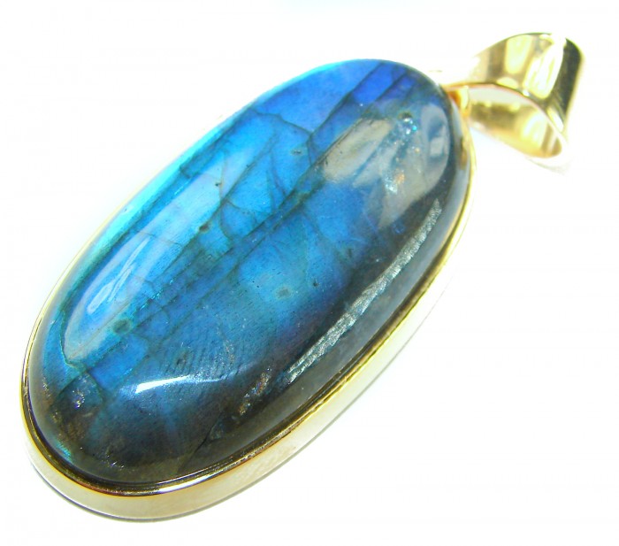Magical Aurora SILKY Fire Labradorite 14K Gold over .925 Sterling Silver handcrafted Pendant - Labradorite pendant close-up, oval with gold setting.