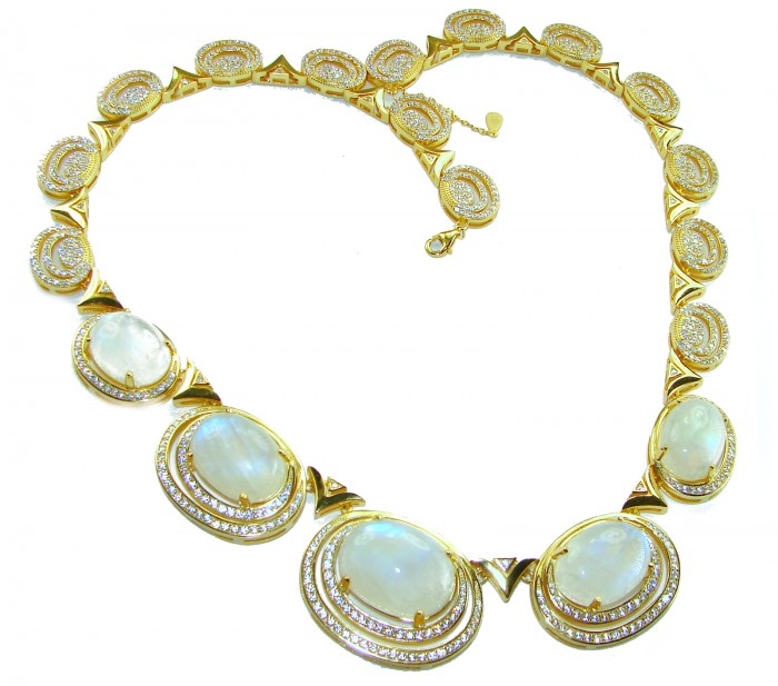 Moonlight Serenade authentic 32.5 carat Fire Moonstone 18K Gold over .925 Sterling Silver handcrafted necklace - Moonlight Serenade necklace front view, 32.5 carat moonstone, 18K gold.