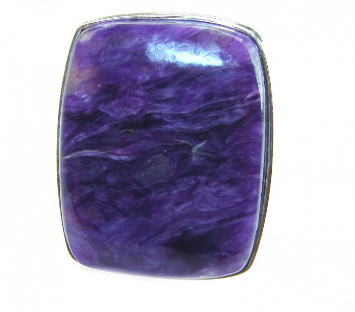 Large Natural Siberian Charoite .925 Sterling Silver handcrafted Large ring size 8 adjustable - Close-up of large Siberian Charoite in .925 Sterling Silver setting.