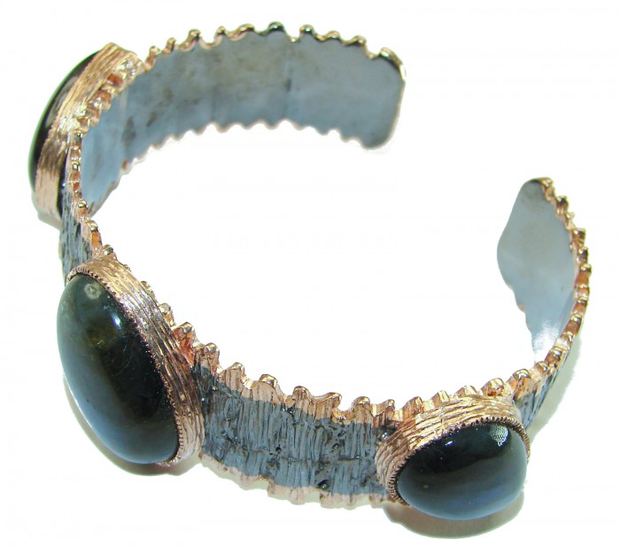 Authentic Silky Labradorite 18K Gold Rhodium over .925 Sterling Silver handmade Bracelet / Cuff - Side view of Silky Labradorite bracelet in 18K gold and rhodium over silver.
