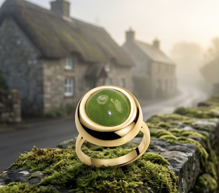 Authentic 12.2ct Green Tourmaline 22K gold over .925 Sterling Silver brilliantly handcrafted ring s. 6 - Close-up of green tourmaline ring on mossy stone background.
