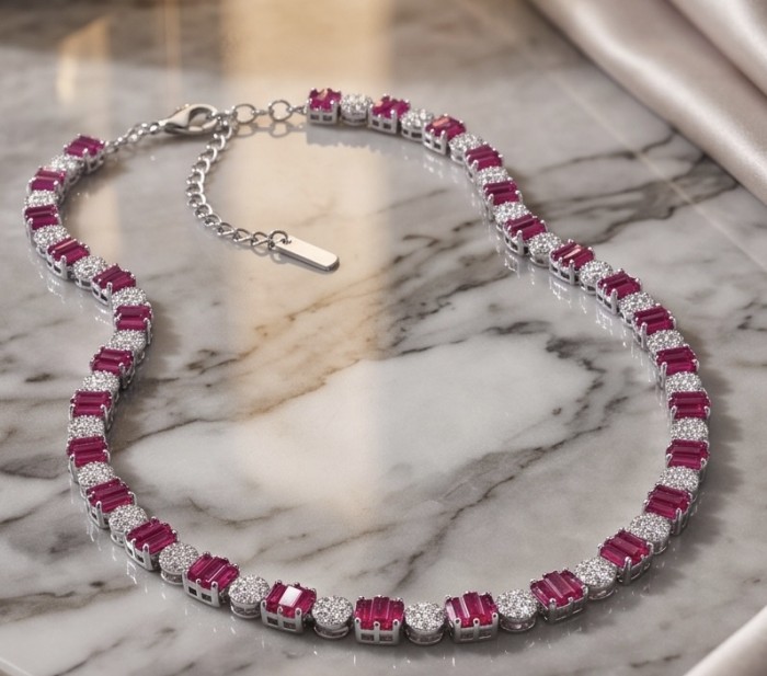 Art Deco - Genuine 8.8 carat Ruby rhodium over .925 Sterling Silver handcrafted Statement Necklace - Art Deco ruby sterling necklace on marble surface, top view.