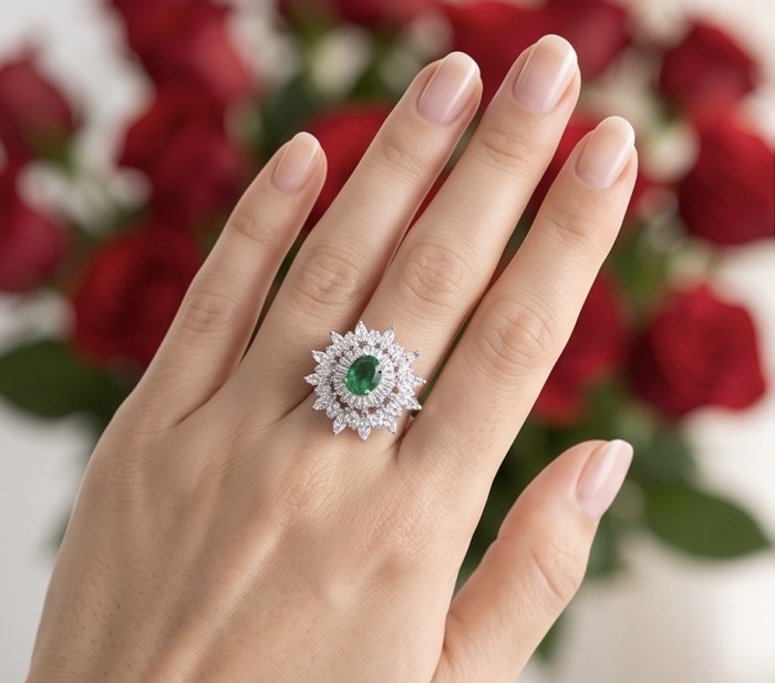 Ofelia - Authentic 5.5 CARAT natural Colombian Emerald .925 Sterling Silver dipped in rhodium handcrafted Ring size 8 - Ofelia Colombian emerald ring, worn on hand, with roses in the background.
