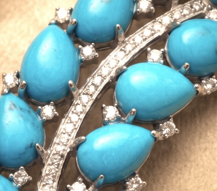 Genuine INLAY Turquoise Morissanite rhodium over .925 Sterling Silver handmade Brooch - Stone close-up of turquoise and moissanite rhodium over .925 sterling silver.