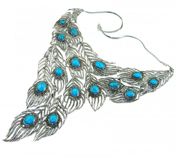HUGE 102.9 grams Peacock Feather design genuine Turquoise .925 Sterling Silver handcrafted Necklace - photo 1