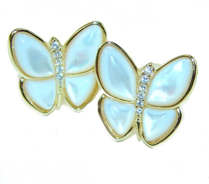 Genuine Blister Pearl 14K Gold over .925 Sterling Silver handcrafted Statement Earring - Butterfly earrings, front view, 14K gold and blister pearl with crystals.