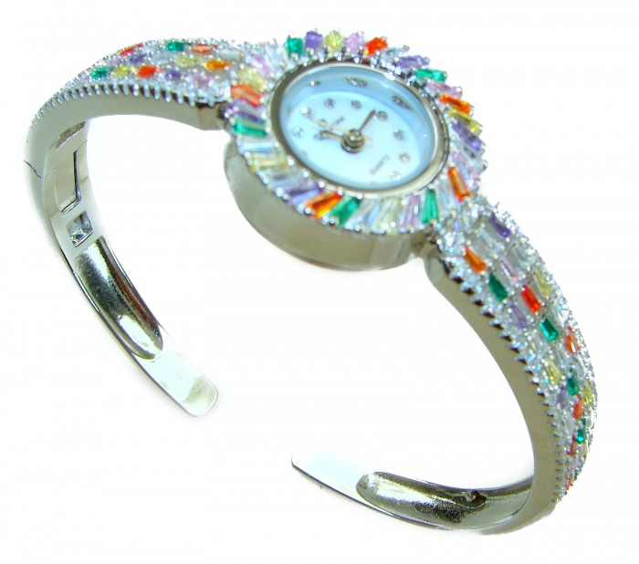 Precious Authentic 33.2 carat multicolor Sapphire .925 Sterling Silver handmade Bracelet Watch - Side view of multicolor sapphire and silver bracelet watch