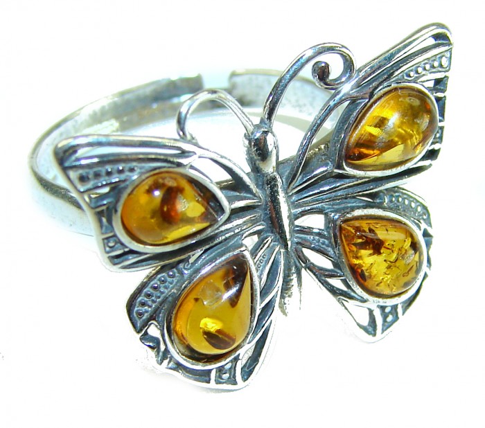 Butterfly Authentic Baltic Amber .925 Sterling Silver handcrafted ring; s. 8 adjustable - Butterfly Baltic Amber Silver Ring, top view showing amber details.