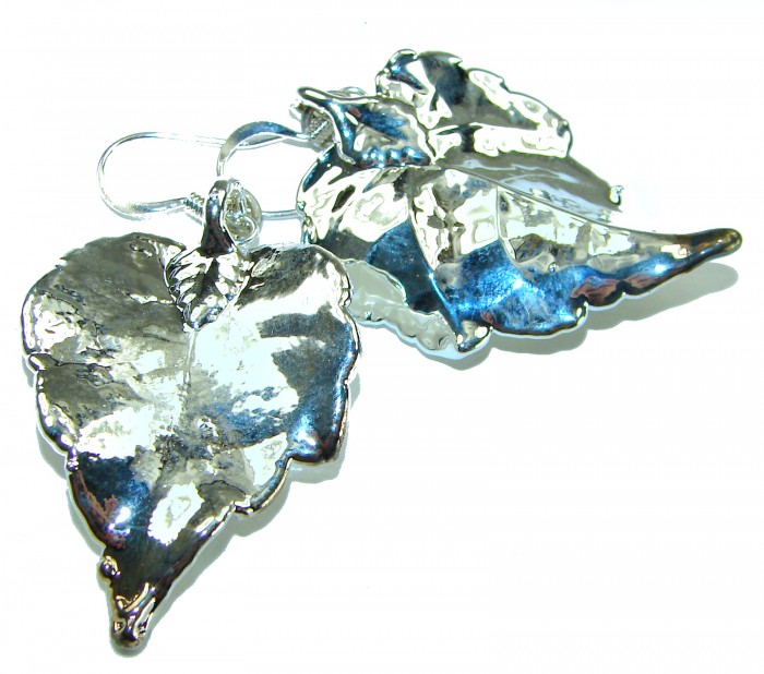 Real Japanese Maple Leaves .925 Sterling Silver and real Gold earrings - Sterling silver Japanese maple leaf earrings, side view.