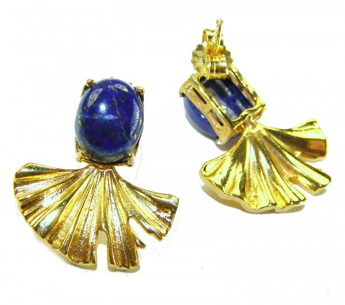 Gorgeous authentic Lapis Lazuli 14K Gold over .925 Sterling Silver handcrafted earrings - Gold and blue lapis lazuli earrings, front and back view