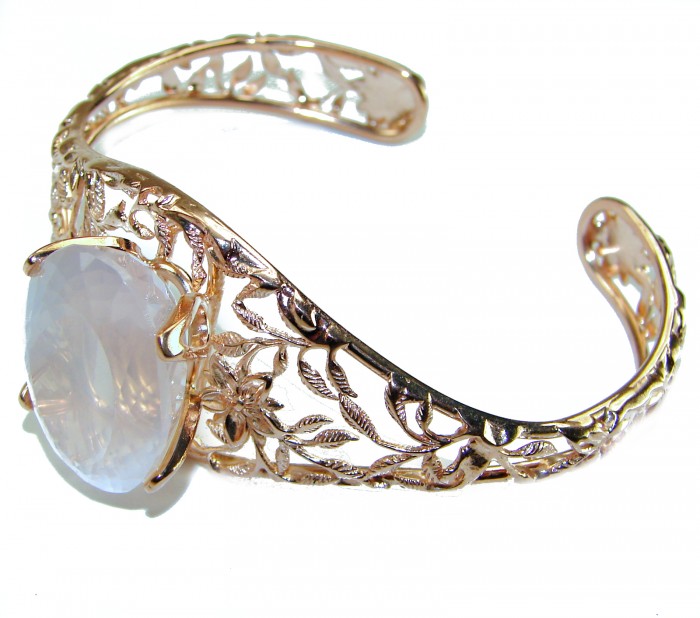 Vintage Beauty Genuine 30.2carat Brazilian Rose Quartz Rose quartz 18K Rose Gold over .925 Sterling Silver handcrafted Bracelet / Cuff - Side view of vintage bracelet with rose quartz and floral filigree.