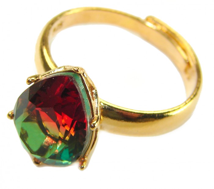 11.8 carat Brazilian Tourmaline .925 Sterling Silver dipped in 14K GoldPerfectly handcrafted Ring s. 8 adjustable - Close-up of 11.8 carat Brazilian Tourmaline ring with gold-plated band.