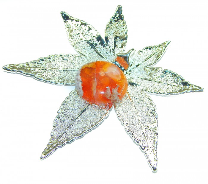 REAL Leaf dipped in sterling silver 22.2 Golden Mexican Fire Opal & .925 Sterling Silver Pendant - Sterling silver leaf with orange stone, top view.