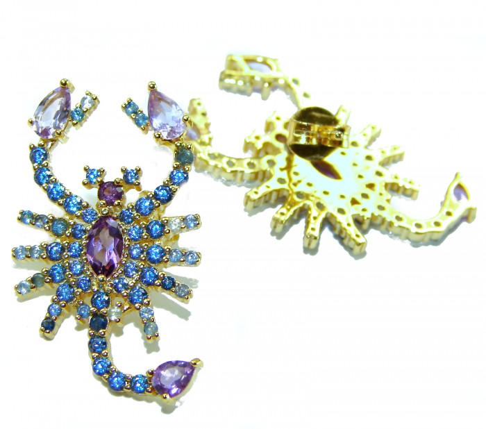 Scorpions authentic 10.2 carat Pink Amethyst Sapphire .925 Sterling Silver Ddipped in 22K Gold handcrafted earrings - Scorpion brooches with pink amethyst and sapphire, front and back view.
