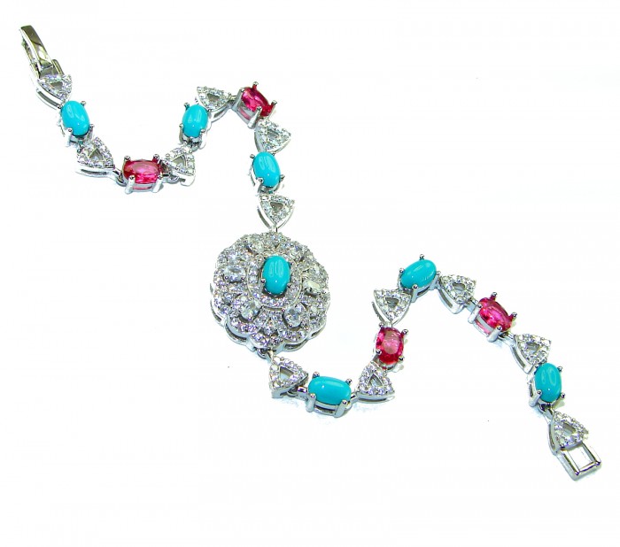 Art Deco - Pacifica - 18.4 carat Sleeping Beauty Turquoise Pink Tourmaline .925 Sterling Silver handmade Statement Bracelet - Art Deco bracelet close-up with turquoise and pink stones.