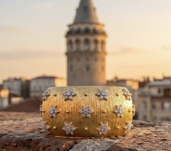 Byzantine design Authentic White Topaz 18K Gold over .925 Sterling Silver handcrafted Bracelet / Cuff - Byzantine gold bracelet with star details, Galata Tower in background