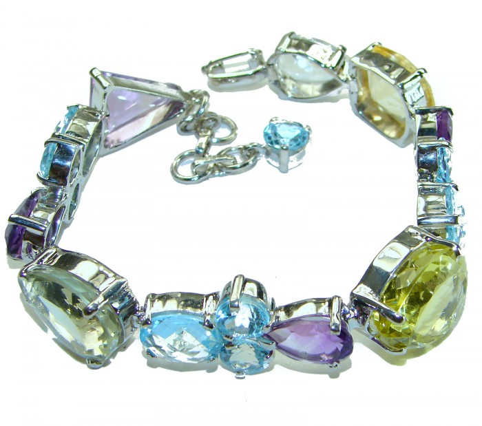 Striking Beauty Natural 128.5 carat Multigem .925 Sterling Silver handcrafted Statement Bracelet - photo 2