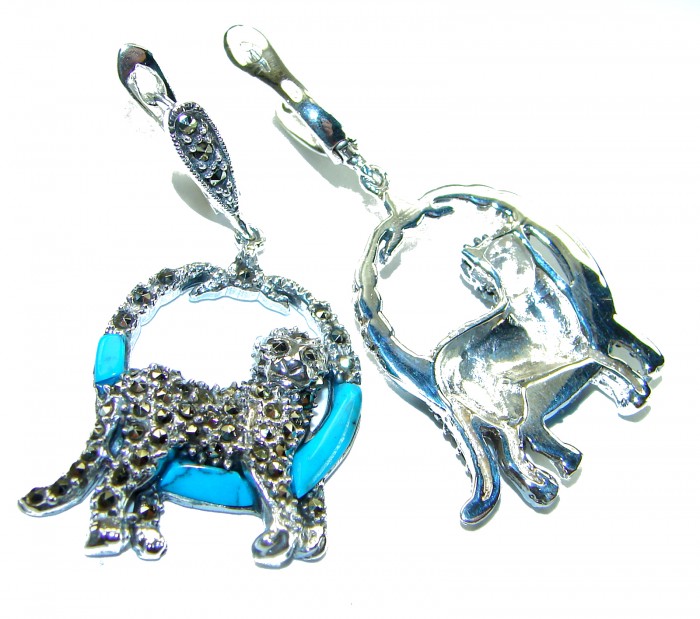 Cheetah Turquoise Ruby Marcasite .925 Sterling Silver Handcrafted earrings - Side view of cheetah turquoise marcasite sterling silver earrings