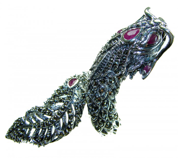 Massive Power - Oversized - Dragon 22.8 grams Marcasite Ruby . 925 Sterling Silver Ring s. 9 - Side view of dragon-shaped marcasite ring with ruby accents
