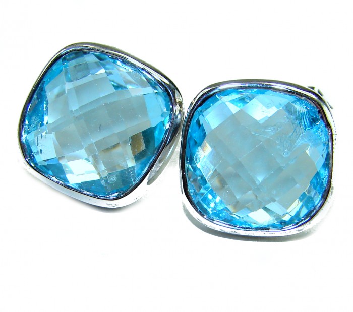 Eau Pure cushion cut 12.5 carat Swiss Blue Topaz .925 Sterling Silver Handcrafted Earrings - Close-up of cushion cut Swiss Blue Topaz earrings in silver setting